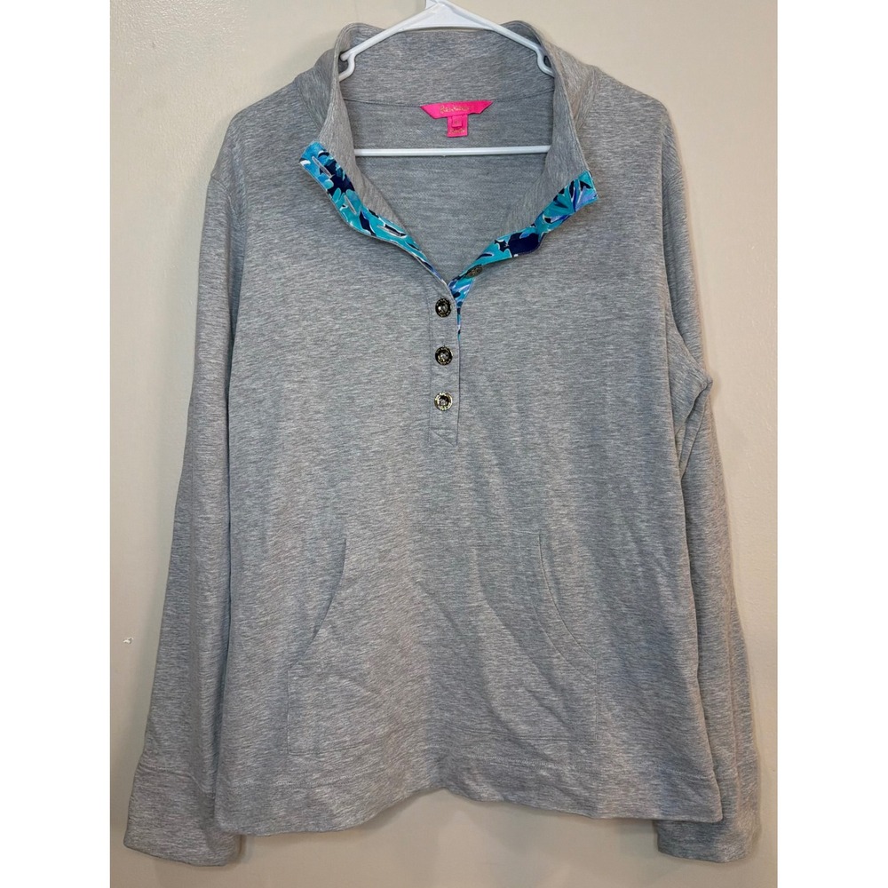 Lilly Pulitzer Gray Landley Pullover Sweatshirt Tropical Trim Button Front XL